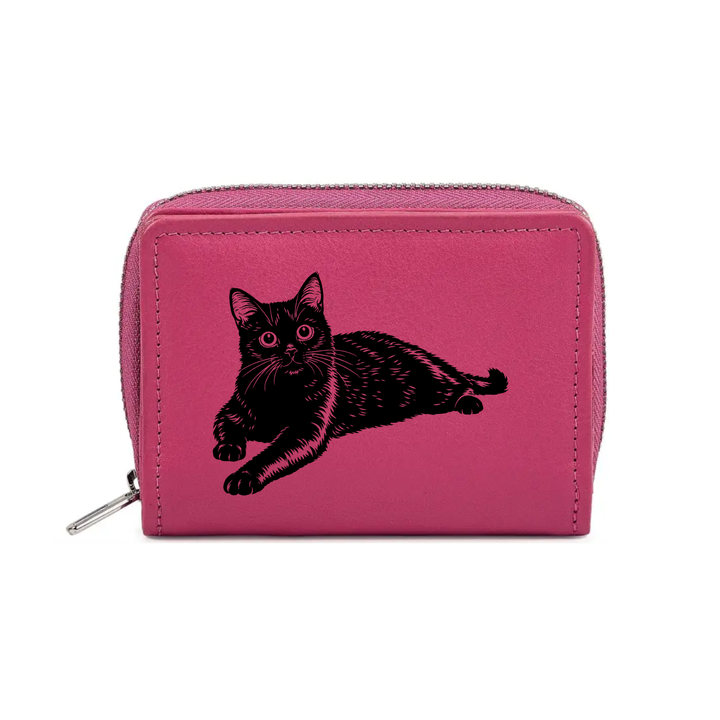 Black Cat Lying Down Engraved Small Leather Purse (Green/Pink/Blue/Red)