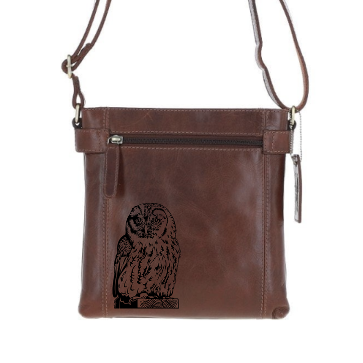 Owl Engraved Leather Two Section Zip Top Crossbody Bag