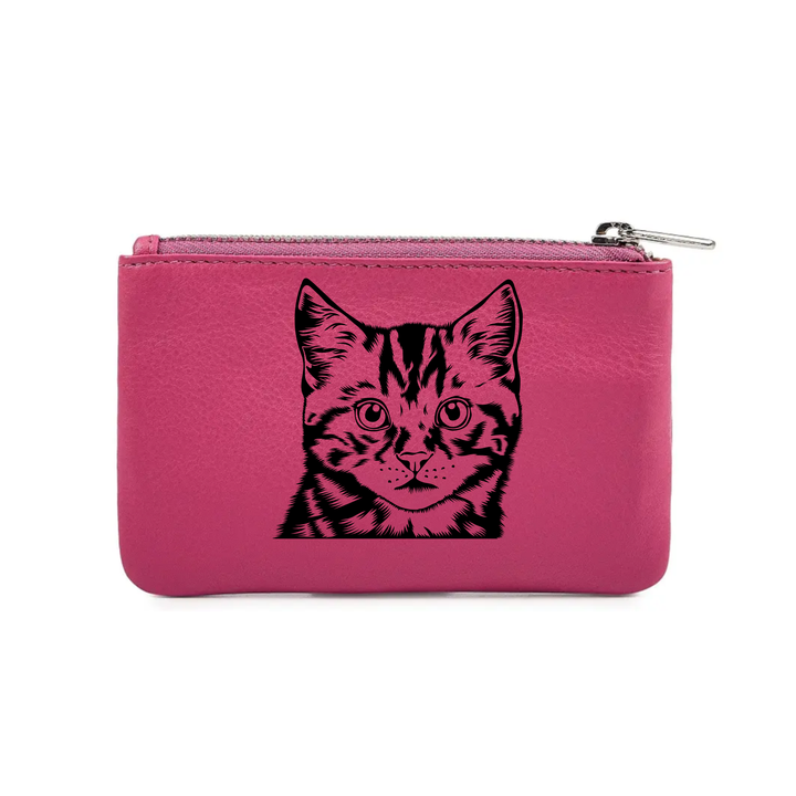 Tabby Cat Face Engraved Genuine Leather Coin Purse (Multiple Colour Options)