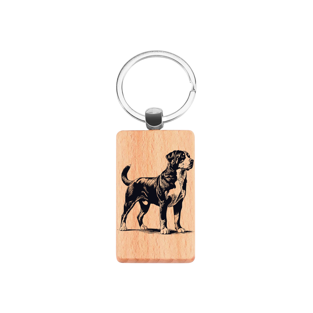 Great Swiss Mountain Dog Standing Engraved Rectangle Wooden Keyring