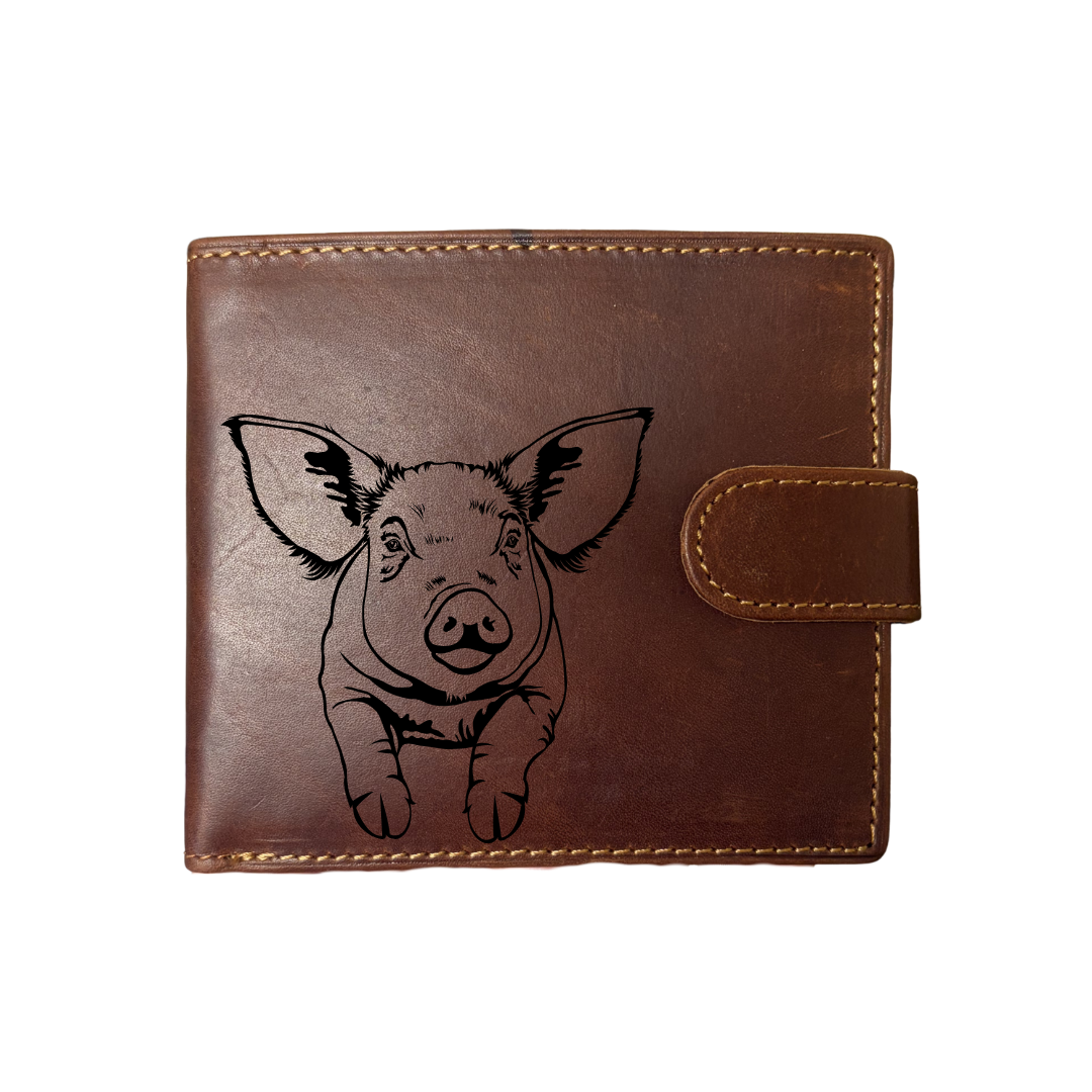 Personalised Pig Engraved Dark Tan Genuine Leather Wallet