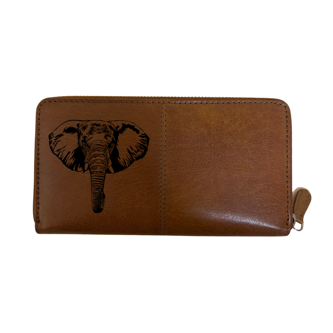 Elephant Engraved Large Leather Purse