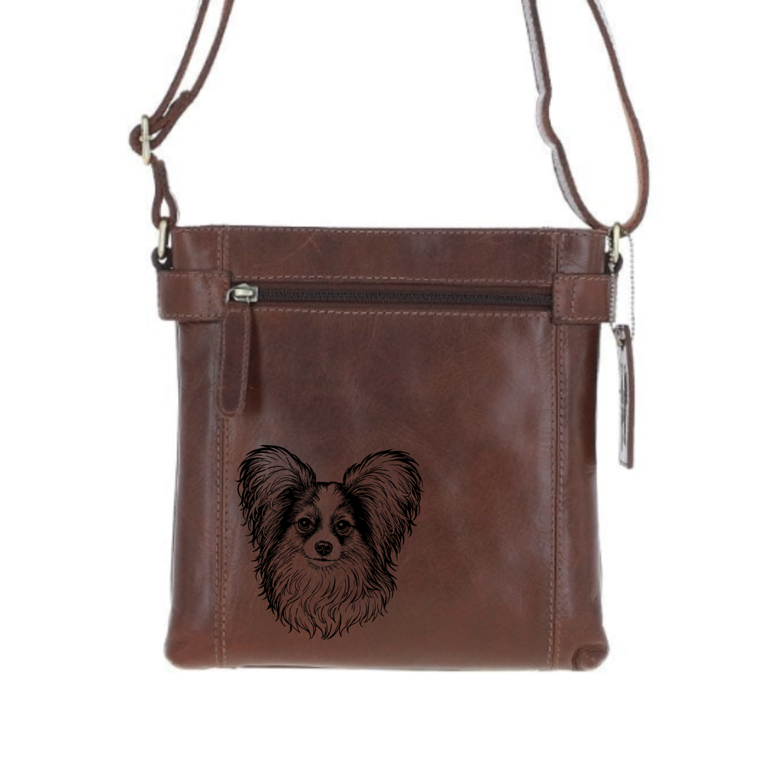Papillon Face Engraved Leather Two Section Zip Top Crossbody Bag