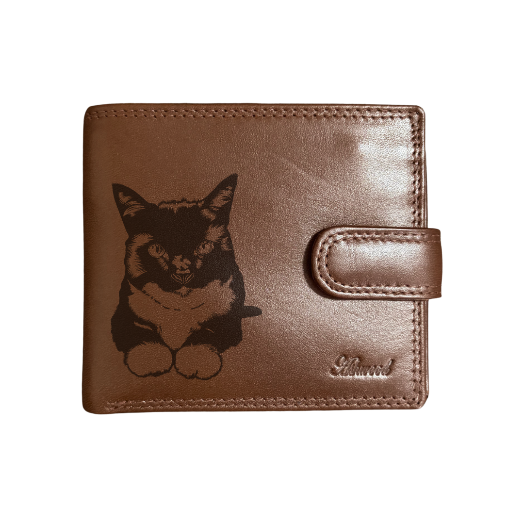 Personalised Tuxedo Cat LD Engraved Dark Tan Genuine Leather Wallet