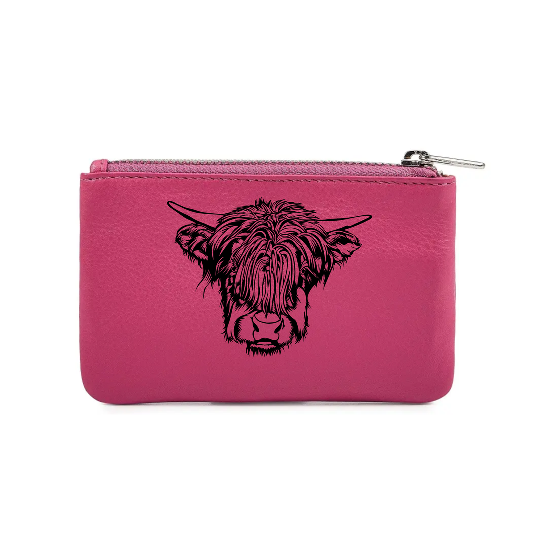 Highland Cow Face Engraved Genuine Leather Coin Purse (Multiple Colour Options)