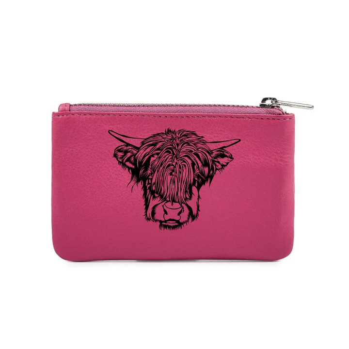 Highland Cow Face Engraved Genuine Leather Coin Purse (Multiple Colour Options)