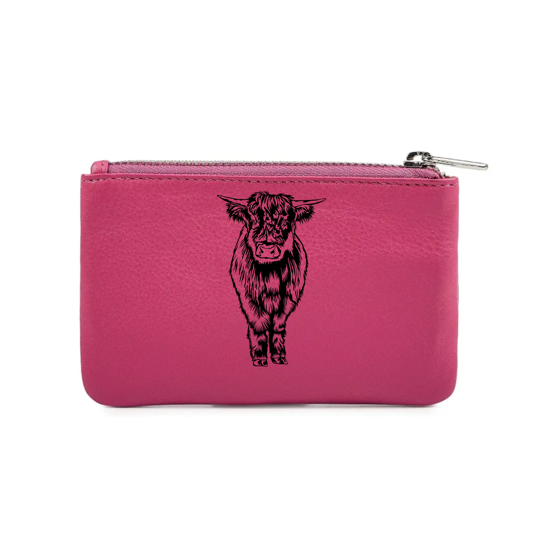 Highland Cow Standing Engraved Genuine Leather Coin Purse (Multiple Colour Options)