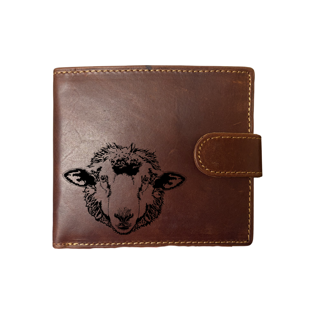 Personalised Sheep Engraved Dark Tan Genuine Leather Wallet