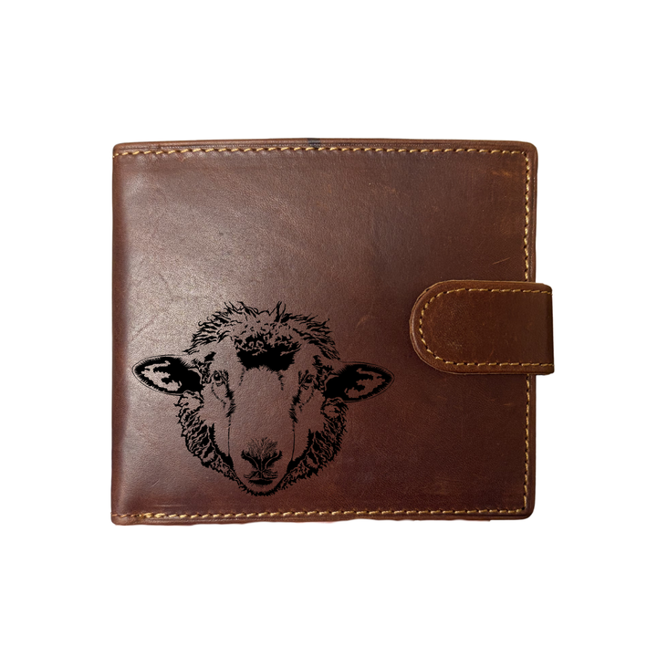 Personalised Sheep Engraved Dark Tan Genuine Leather Wallet