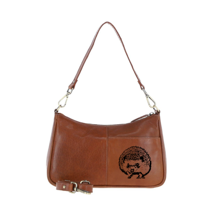 Hedgehog Standing Engraved Genuine Leather Shoulder Bag