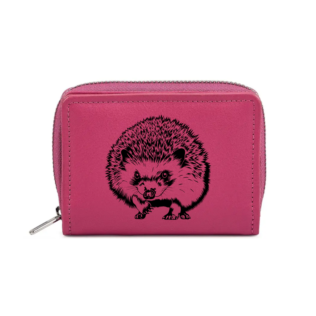 Hedgehog Standing Engraved Small Leather Purse (Green/Pink/Blue/Red)