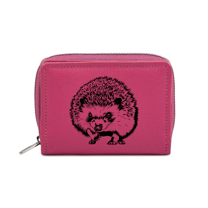 Hedgehog Standing Engraved Small Leather Purse (Green/Pink/Blue/Red)