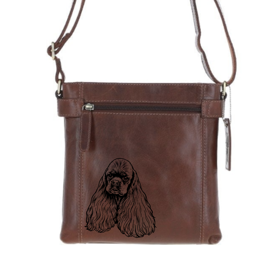 American Cocker Spaniel Face Engraved Leather Two Section Zip Top Crossbody Bag