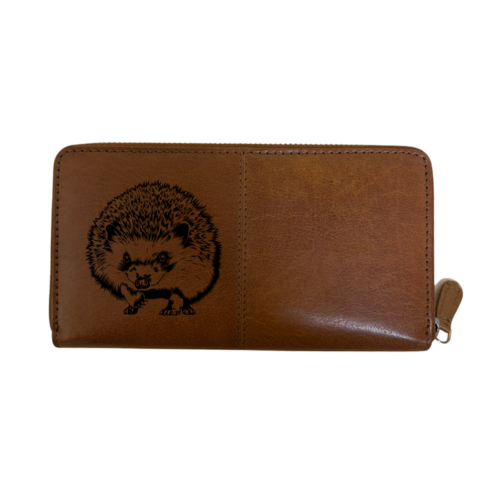 Hedgehog Standing Engraved Large Leather Purse