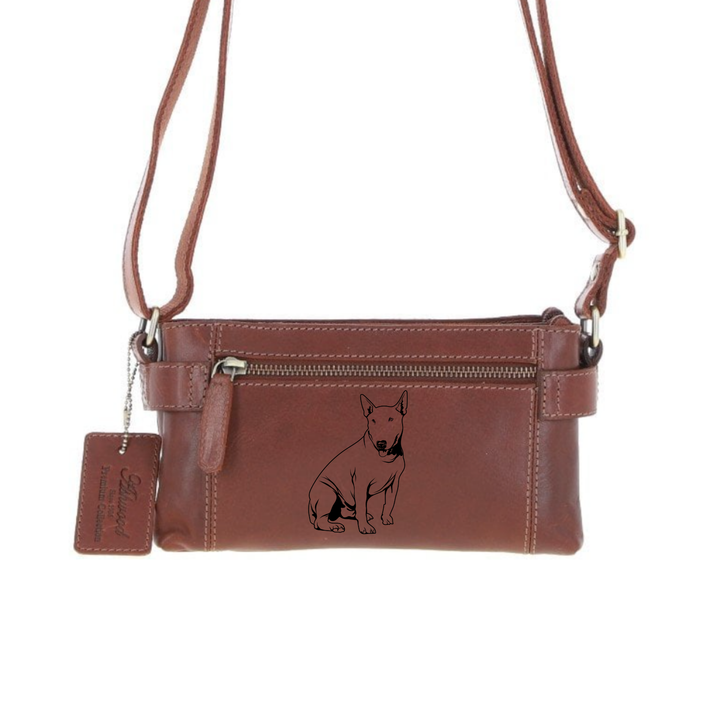 Personalised English Bull Terrier Engraved Small Leather Two Section Zip Top Crossbody Bag