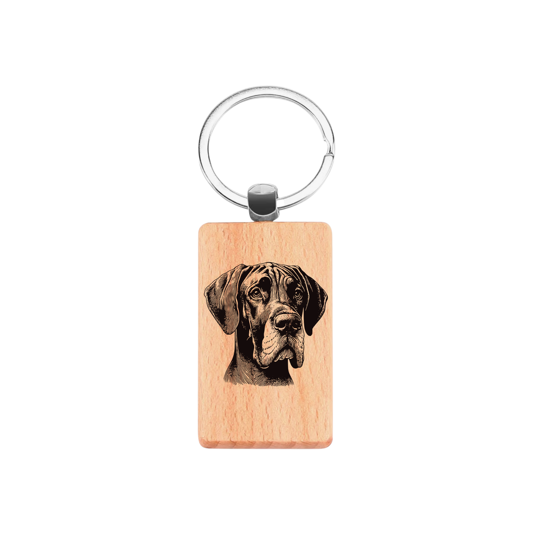 Great Dane Face Engraved Rectangle Wooden Keyring