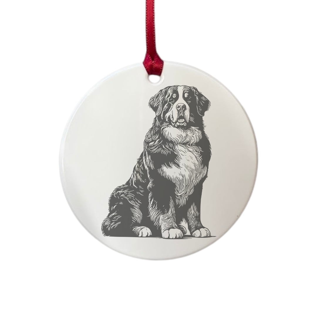 Personalised Bernese Mountain Dog Sitting Engraved White Acrylic Decoration