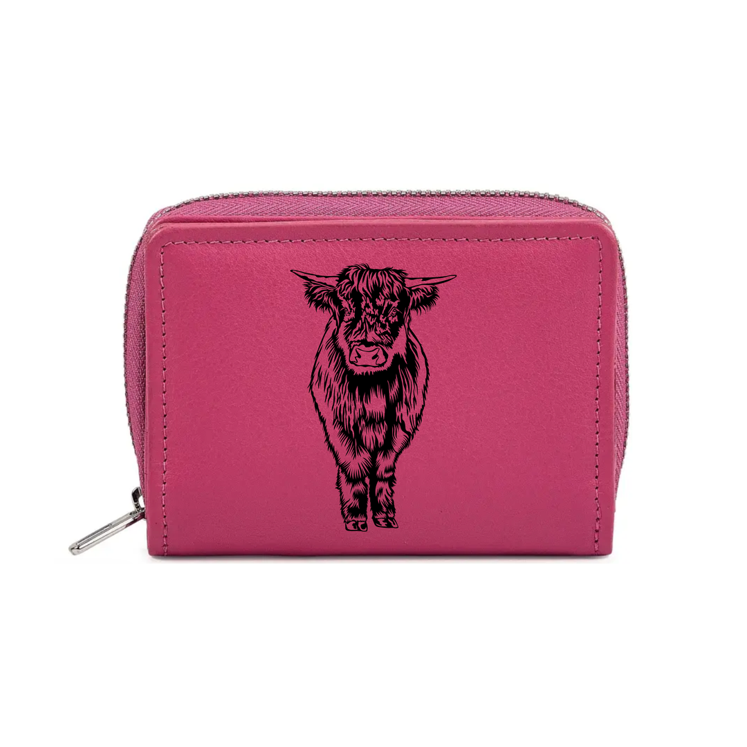 Highland Cow Standing Engraved Small Leather Purse (Green/Pink/Blue/Red)