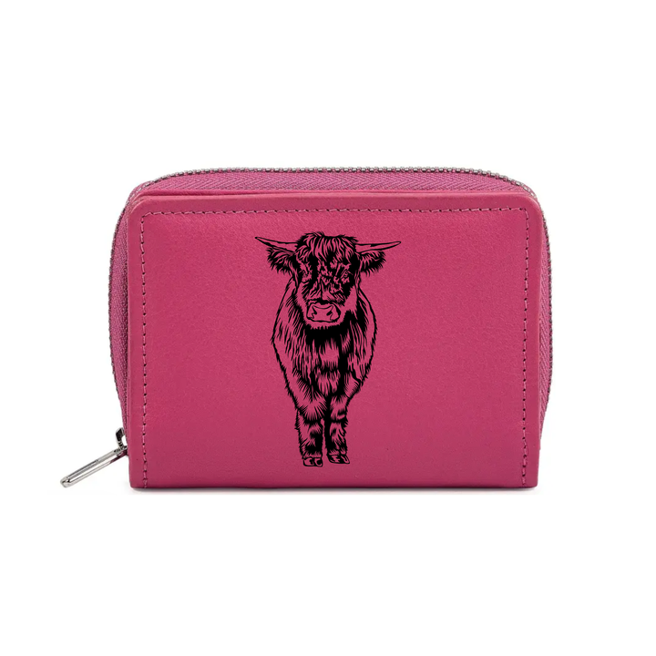 Highland Cow Standing Engraved Small Leather Purse (Green/Pink/Blue/Red)