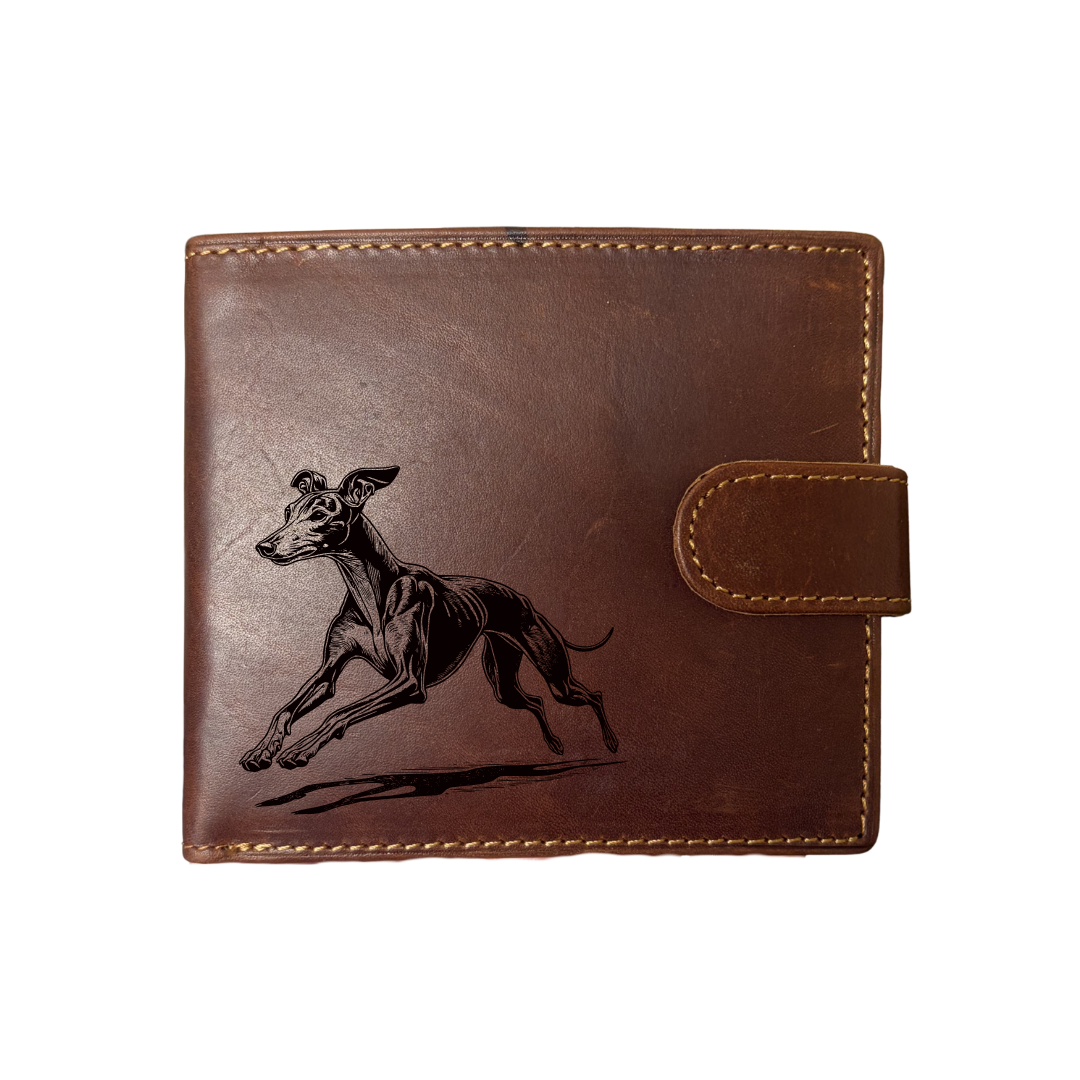 Personalised Italian Greyhound Running Engraved Dark Tan Genuine Leather Wallet