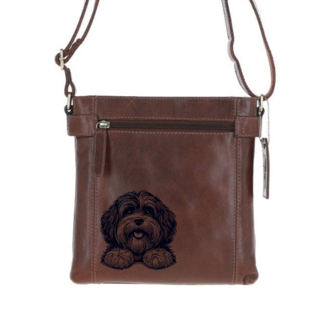 Havanese Paws Engraved Leather Two Section Zip Top Crossbody Bag