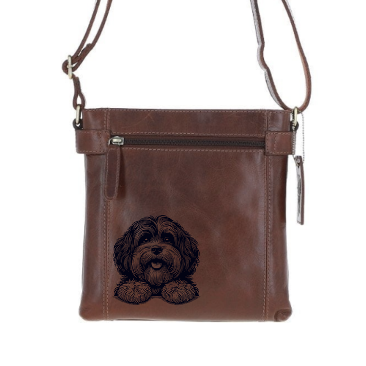 Havanese Paws Engraved Leather Two Section Zip Top Crossbody Bag