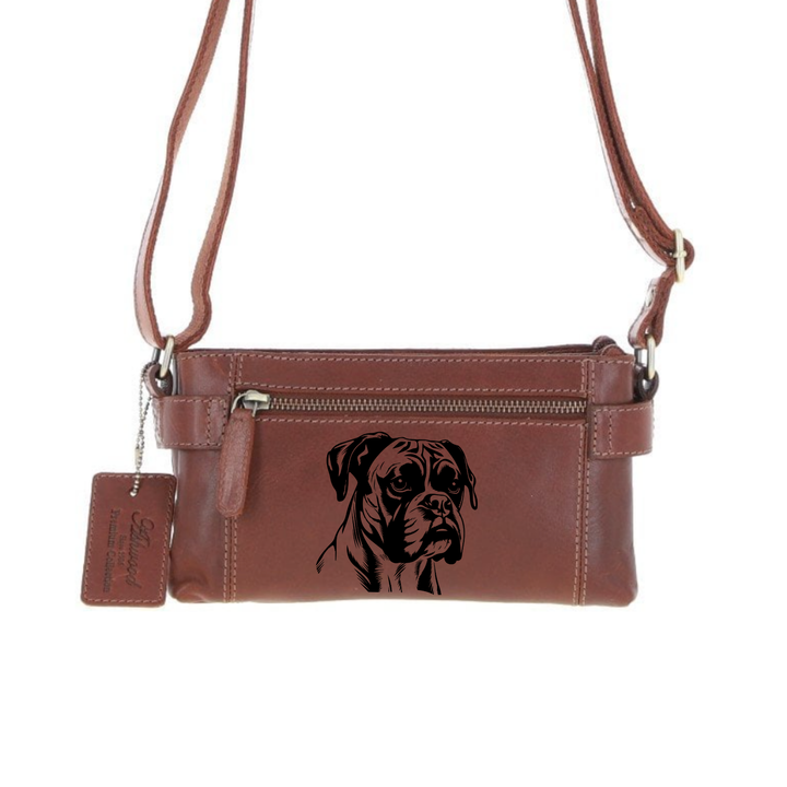 Personalised Boxer Engraved Small Leather Two Section Zip Top Crossbody Bag