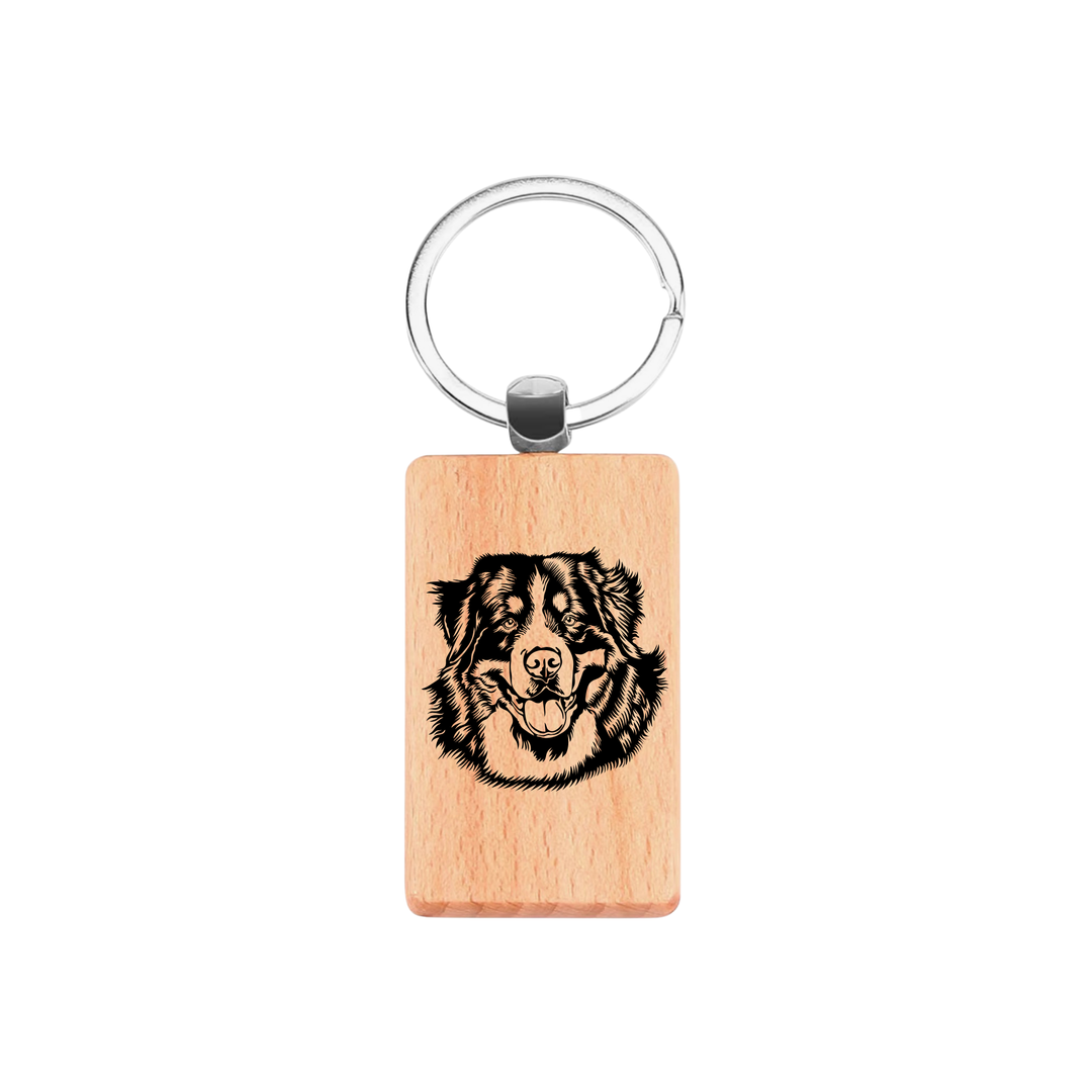 Bernese Mountain Dog Face Engraved Rectangle Wooden Keyring