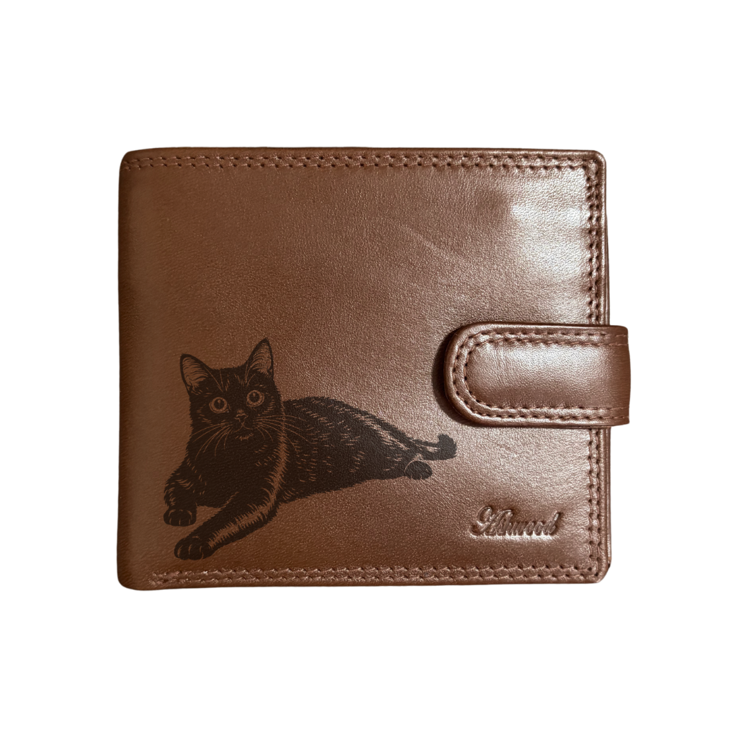 Personalised Black Cat LD Engraved Dark Tan Genuine Leather Wallet