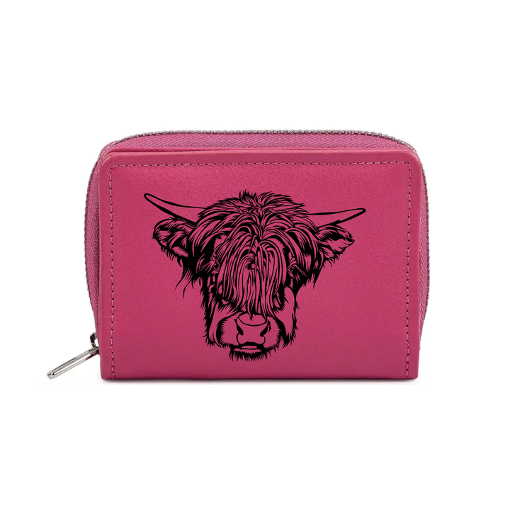 Highland Cow Face Engraved Small Leather Purse (Green/Pink/Blue/Red)