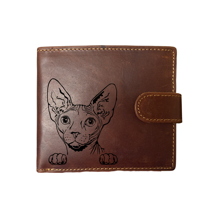 Personalised Sphynx Cat Face Engraved Dark Tan Genuine Leather Wallet