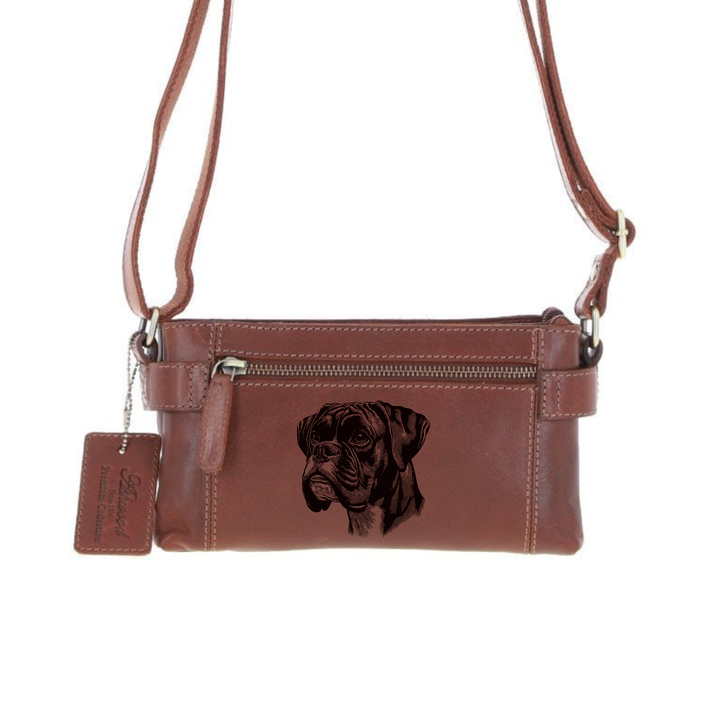 Personalised Boxer Face Engraved Small Leather Two Section Zip Top Crossbody Bag