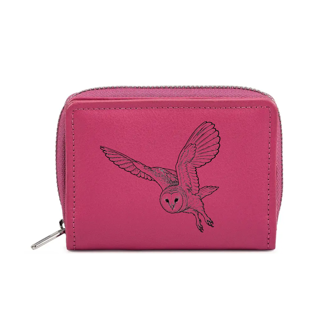 Flying Barn Owl Engraved Small Leather Purse (Green/Pink/Blue/Red)