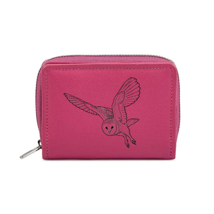 Flying Barn Owl Engraved Small Leather Purse (Green/Pink/Blue/Red)