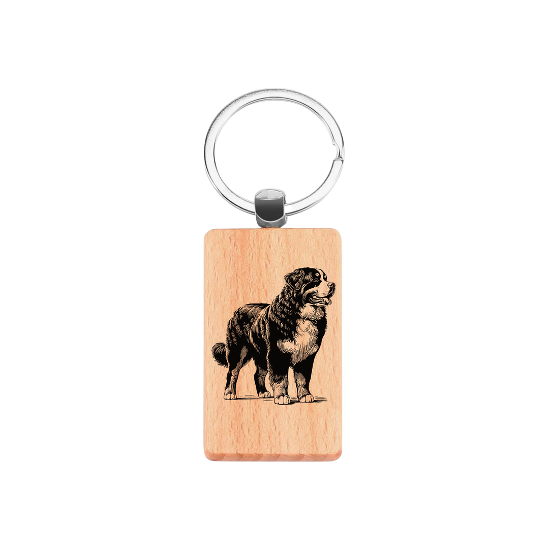 Bernese Mountain Dog Standing Engraved Rectangle Wooden Keyring