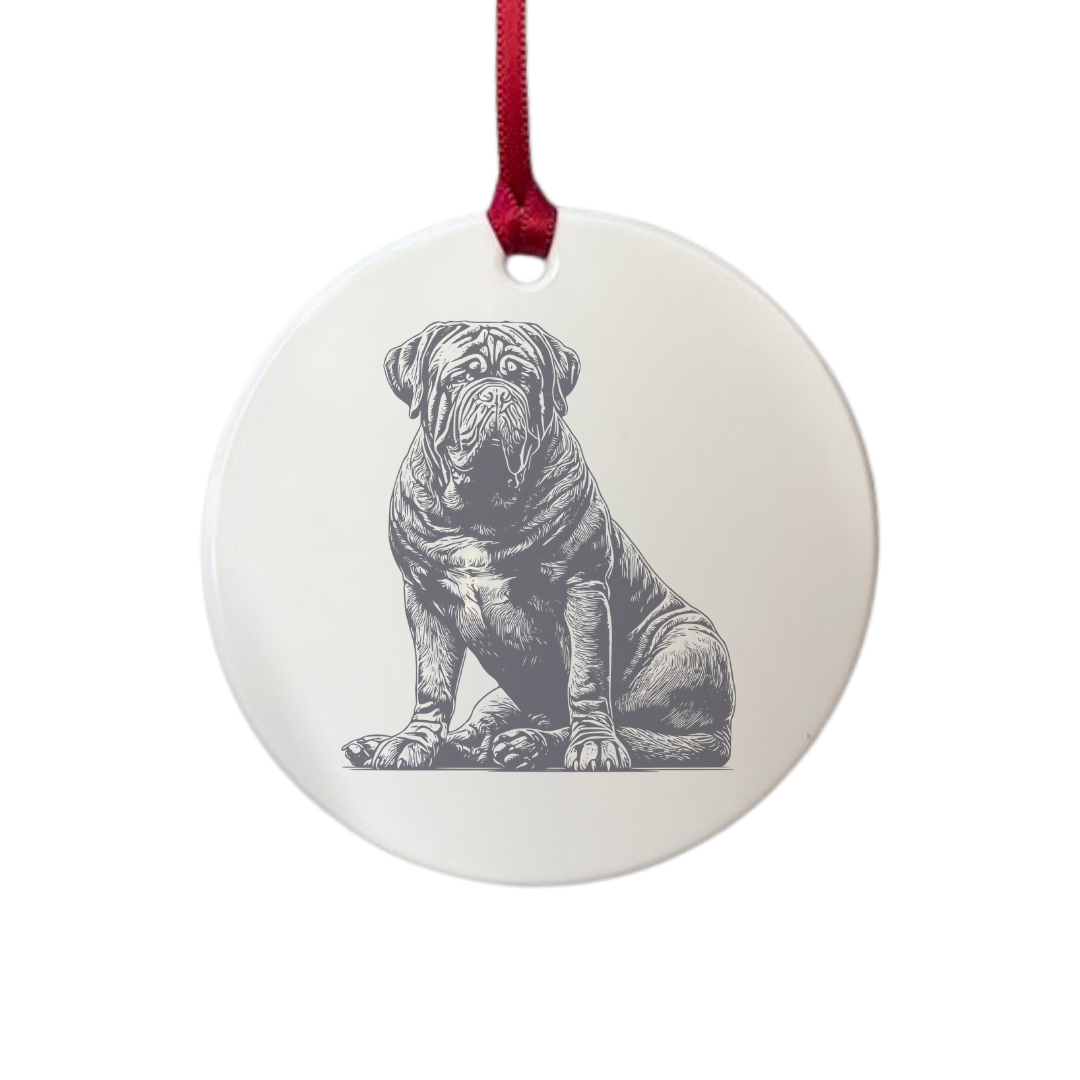Personalised Dogue De Bordeaux Sitting Engraved White Acrylic Decoration