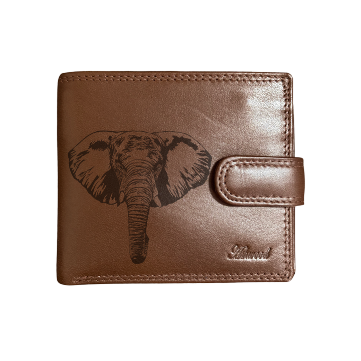 Personalised Elephant Engraved Dark Tan Genuine Leather Wallet