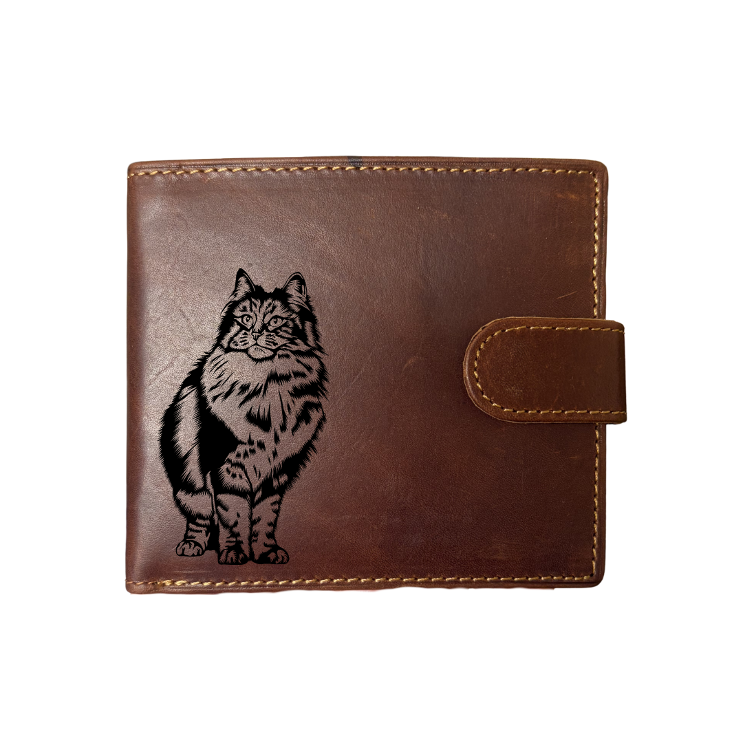 Personalised Norwegian Forest Cat Engraved Dark Tan Genuine Leather Wallet