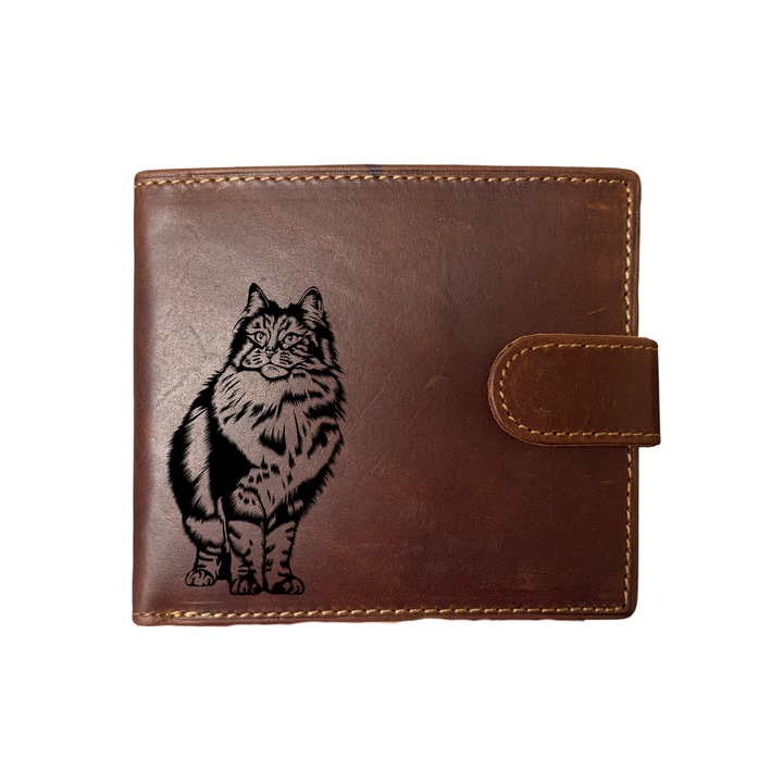 Personalised Norwegian Forest Cat Engraved Dark Tan Genuine Leather Wallet