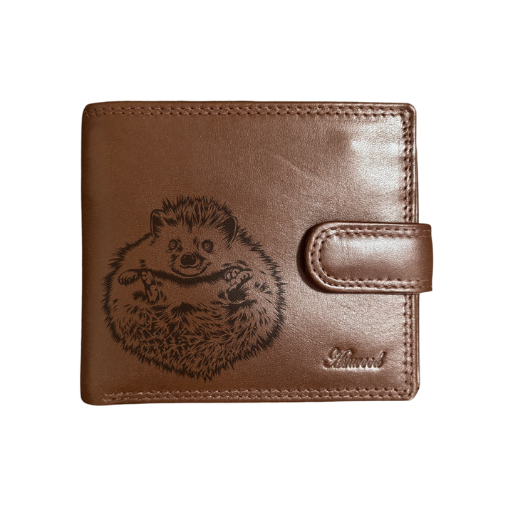 Personalised Hedgehog Belly Engraved Dark Tan Genuine Leather Wallet