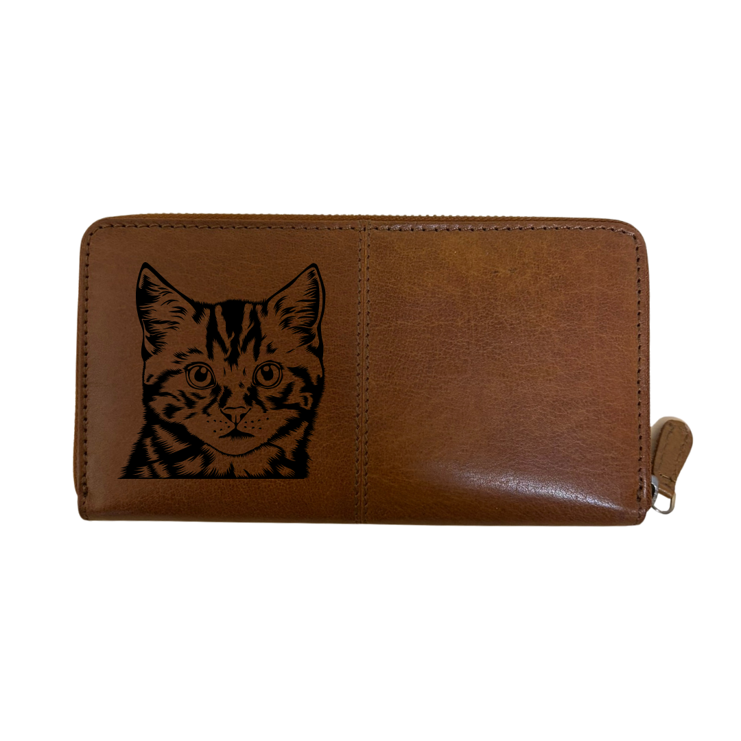 Tabby Cat Face Engraved Large Leather Purse