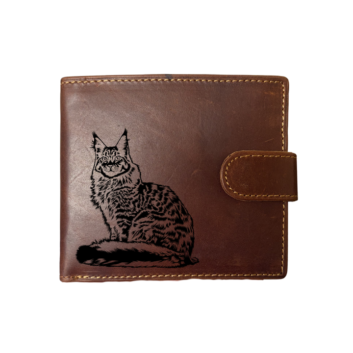 Personalised Maine Coon Cat Engraved Dark Tan Genuine Leather Wallet