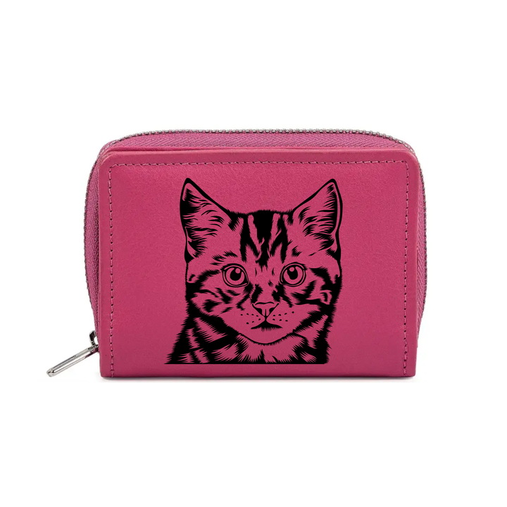 Tabby Cat Face Engraved Small Leather Purse (Green/Pink/Blue/Red)