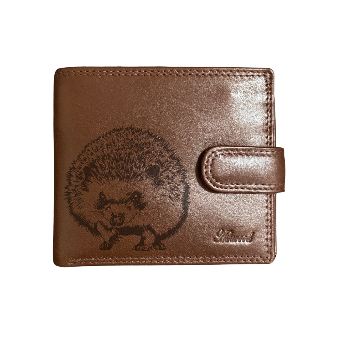 Personalised Hedgehog Standing Engraved Dark Tan Genuine Leather Wallet
