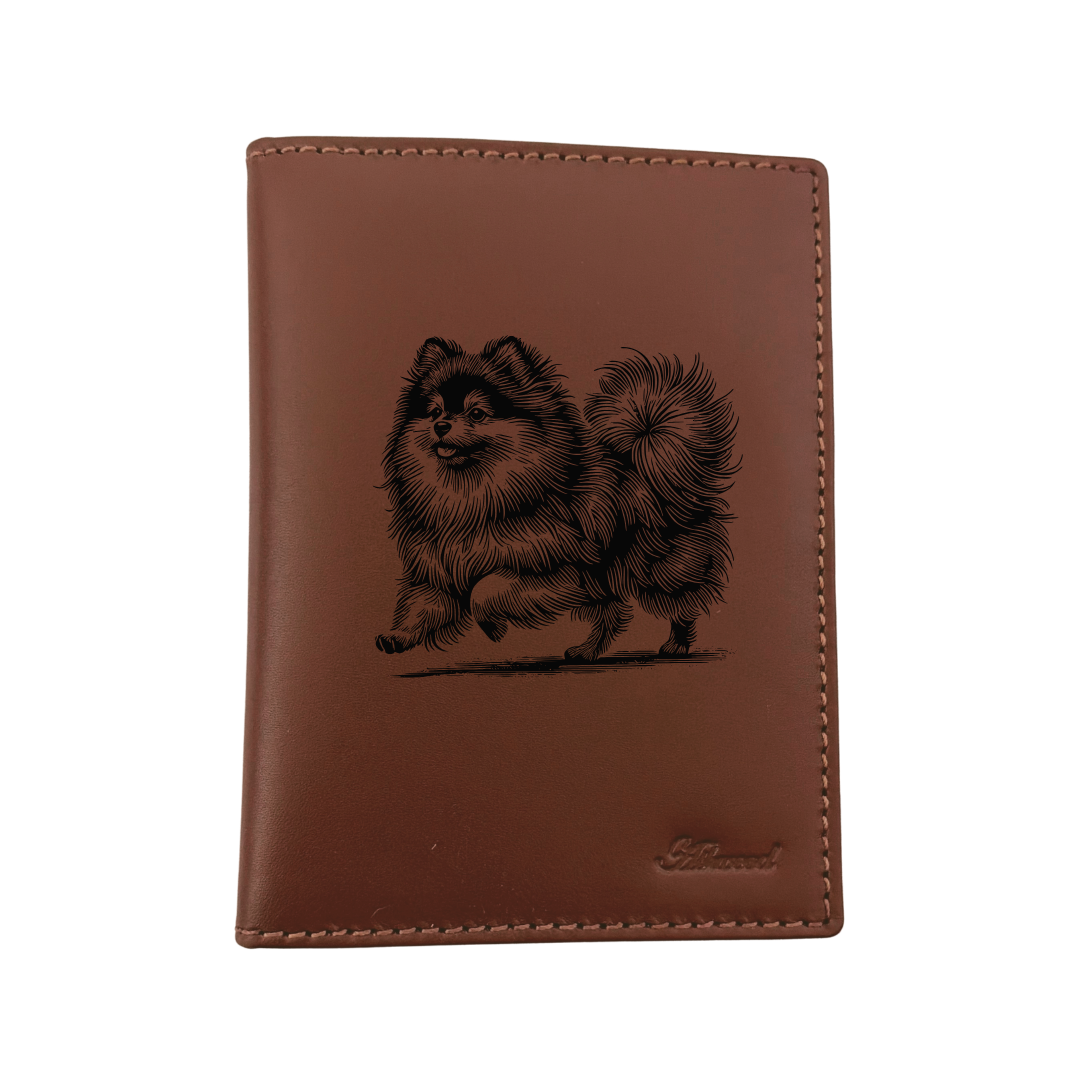 Pomeranian Running Engraved Leather Passport Cover