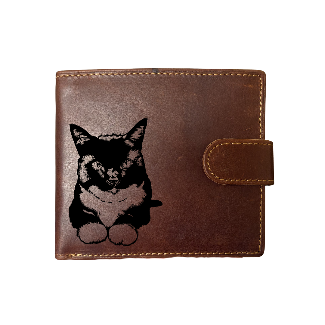 Personalised Tuxedo Cat LD Engraved Dark Tan Genuine Leather Wallet