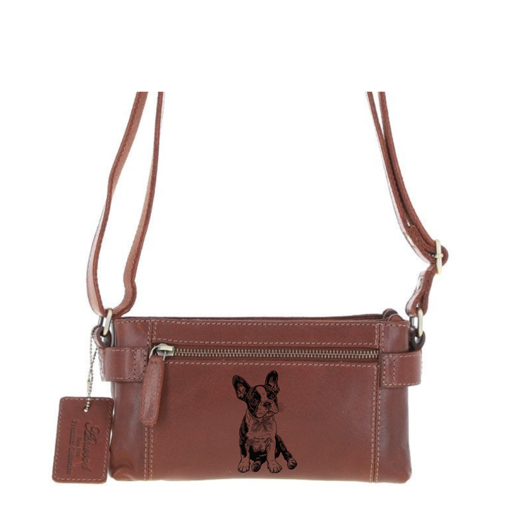 Personalised Boston Terrier Sitting Engraved Small Leather Two Section Zip Top Crossbody Bag