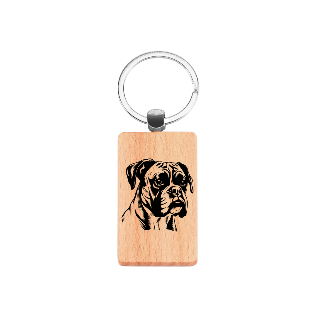 Boxer Face Engraved Rectangle Wooden Keyring