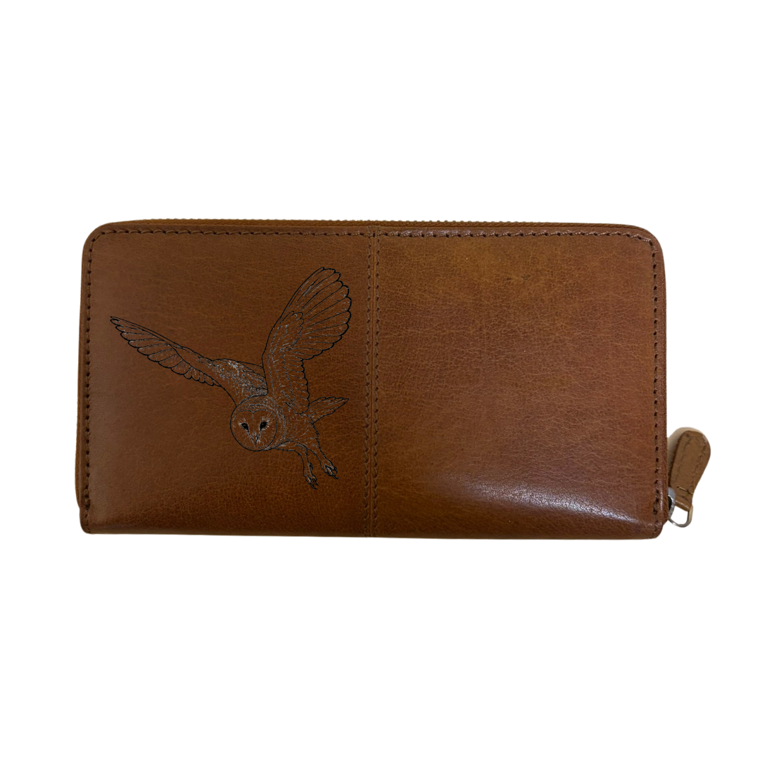 Flying Barn Owl Engraved Large Leather Purse