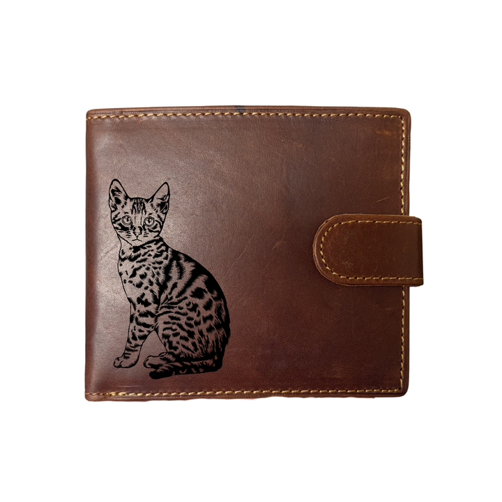 Personalised Bengal Cat Engraved Dark Tan Genuine Leather Wallet